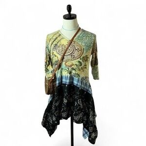 Zashi Womens XL Boho Patchwork‎ Mixed Media Whimsigoth Lagenlook 3/4 Sleeve Top